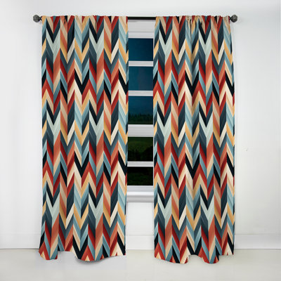 Light Red And Blue Geometric Chevron - Abstract Geometric Chevron Velvet Blackout Curtain - 1 Panels