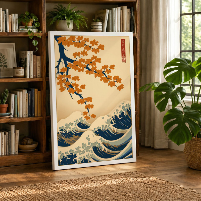 Blossoms and Waves Japandi - Wrapped Canvas, 18x12 - 45.7 x 30.5 cm, Ochre Border