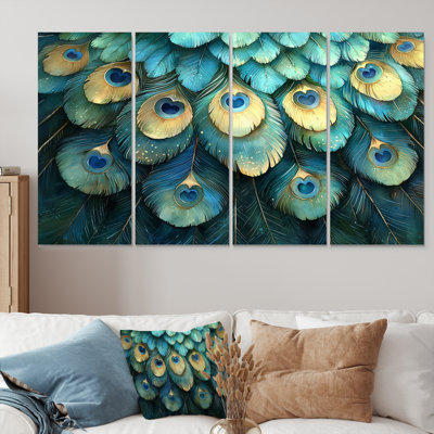 «Blue and Green Peacock Feather Collage II», art mural oiseau - ensemble de décorations murales modernes