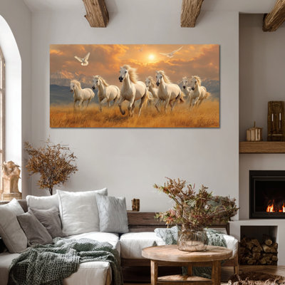 TIMUBA 7 Running Horses Canvas Wall Art, Inspirational Horse Painting Print for Living Room or Bedroom, Warm Sunset Gallery Wrapped Artwork for Above Sofa, Quality Canvas Picture Wall Decor, Ready to Hang, 12×24 inches