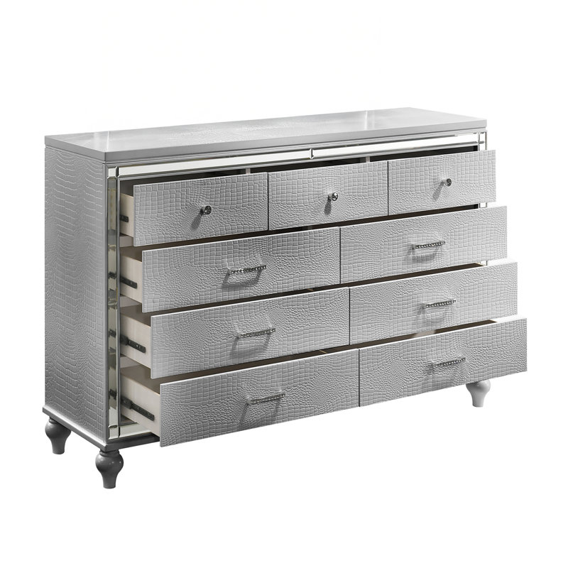 Commode double 9 tiroirs Sherley, Argent