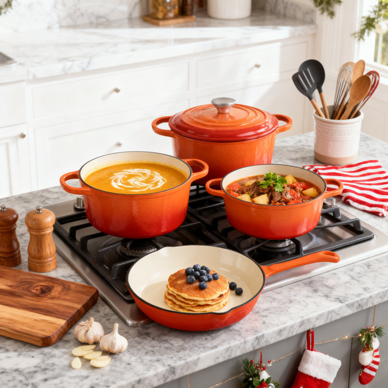 Batterie de cuisine en fonte émaillée 7 pièces 7 pièces, Orange