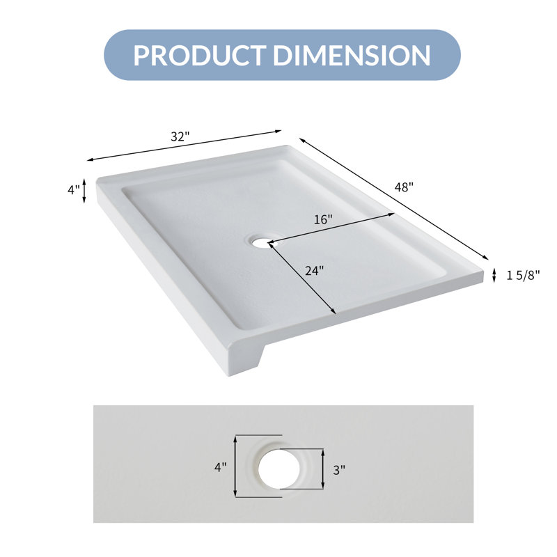 Base de douche rectangulaire l 48 po x P 32 po, plateau de douche en acrylique blanc à seuil simple, conception antidérapante