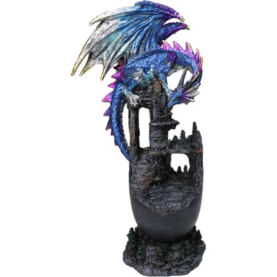 Medieval Blue Dragon Perching On Abandoned Castle Tower Ruins Figurine 12"H