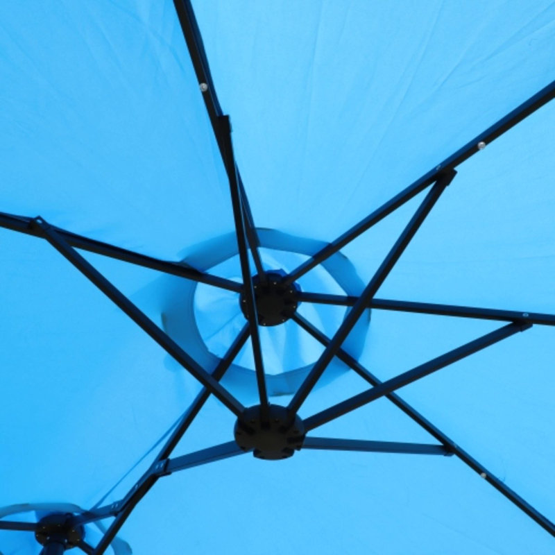 Grand parasol d'extérieur 15 x 9 pi, bleu, double face avec lumières et base, Bleu