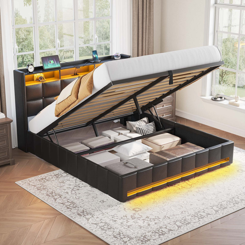 Upholstered Lift Up Storage Bed Frame with LED Lights and Charging Station, Platform Bed, No Box Spring Needed, Black