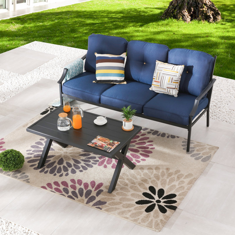 3 - Person Patio Sofa with Coffee Table Set with Cushions, Blue