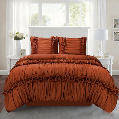 3 Piece Terracotta Ruched Ruffle Duvet Cover Set with Decorative Rosette Trim, Queen