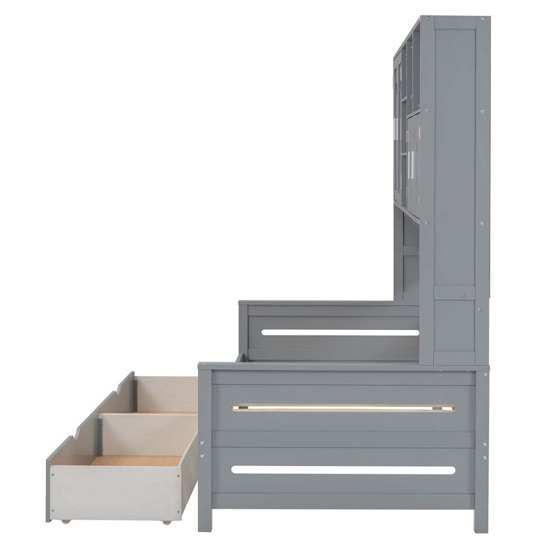 Lit de jour en bois avec tiroirs, armoire et tablette tout-en-un, Lit simple, Gris