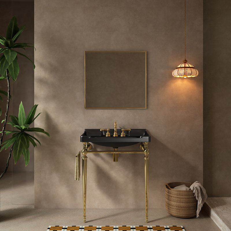 Lavabo de console de salle de bain 28 po, lavabo mural en céramique avec 3 trous de robinet pré-percés, Or, Noir