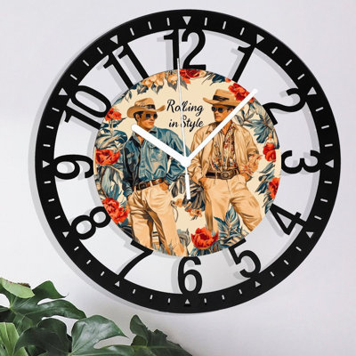 Metal Wall Clock for Living Room -10" Rolling In Style Two Cowboys Tropical Silent Non Ticking,Battery Operated, Antique Clocks for Farmhouse,Bedroom,Kitchen - Arabic Numerals
