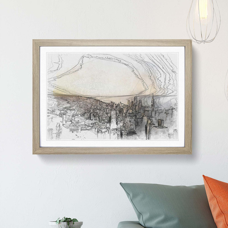 High over the Chicago Skyline in Abstract - Picture Frame Graphic Art Print, 27cm H x 36cm W x 2cm D, Oak Framed