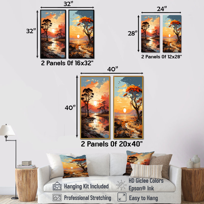 Coucher de soleil africain «Savanna Harmony I», ensemble de 2 impressions sur toile, H 28 po x l 25 po, Toile tendue