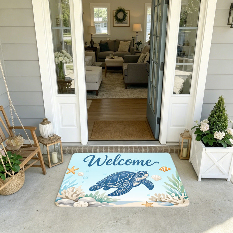 Tapis d'entrée 20 po x 32 po Coastal Turtle Seahorse Welcome Decor