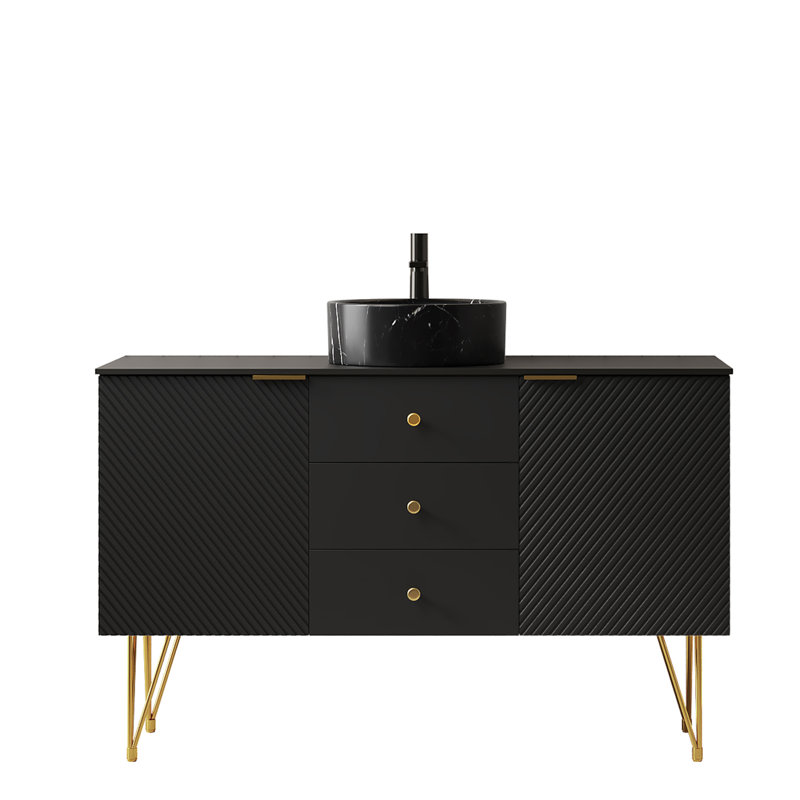 Meuble-lavabo moderne autoportant noir 48 po avec pieds dorés