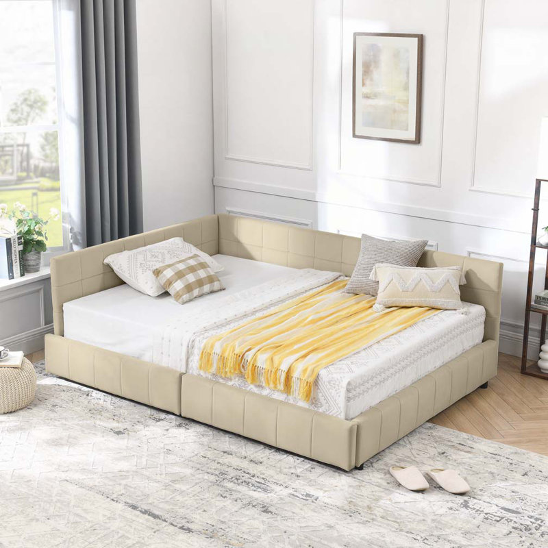 Lit de jour en velours avec rangement, Beige, Complet/Double