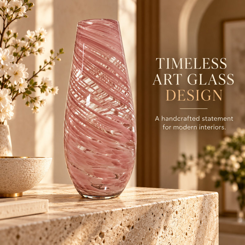 Vase de table contemporain en verre rose et doré 14 pouces pour le salon et la décoration moderne