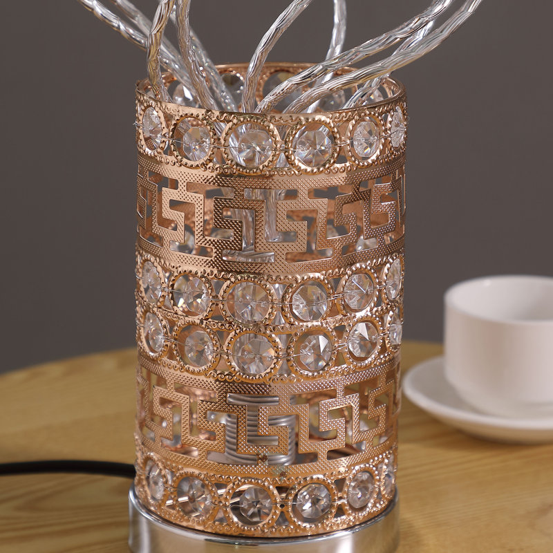 Table Lamp, Rose Bud Floral Vase, Cage Textured Gold Chrome 22 Inch