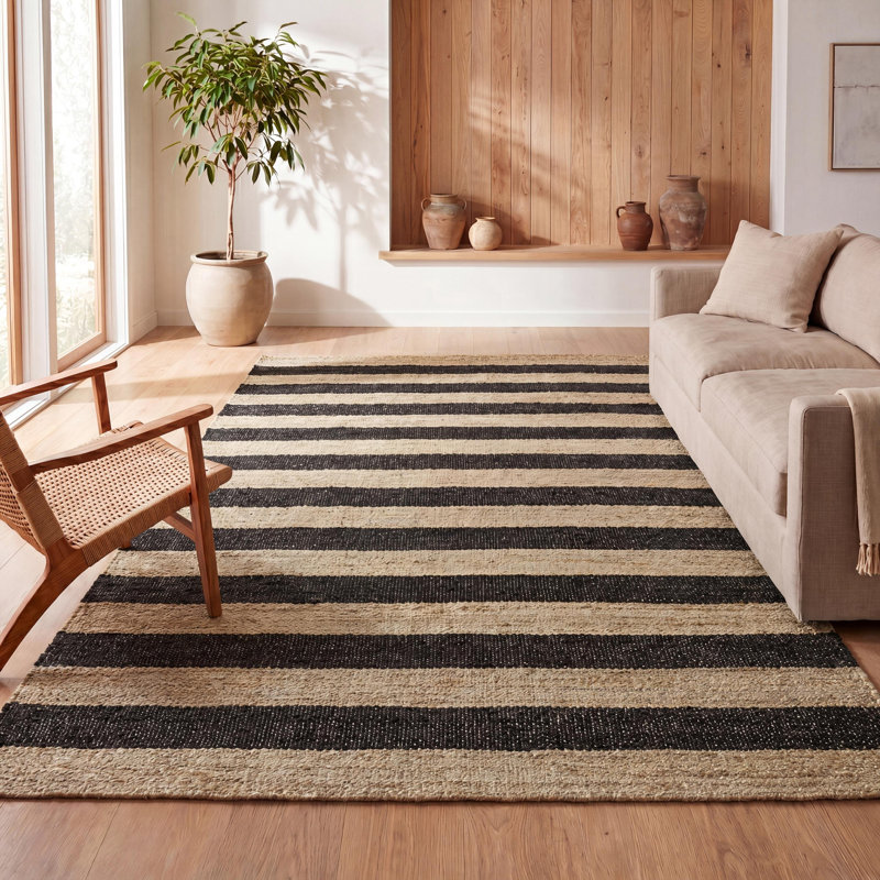 Zemple Rustic Farmhouse Woven Jute Stripe Natural/Black Rug, Rectangle 4pi x 6 pi