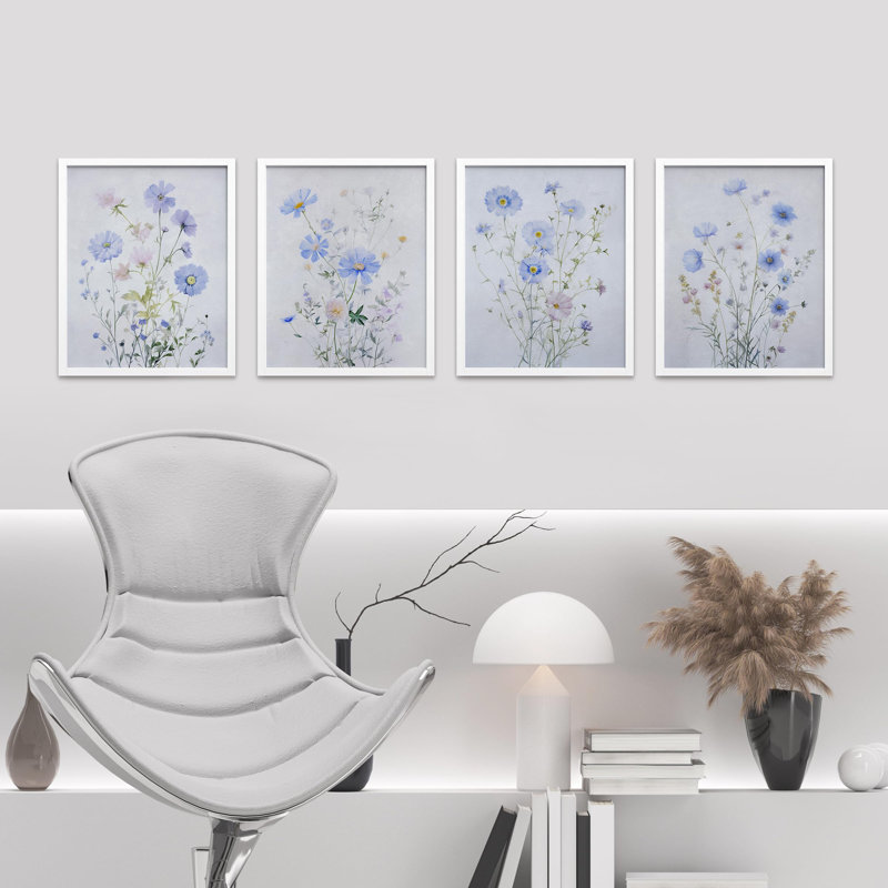 «Blue Flowers Wildflower Floral Botanical», impression sur papier 4 pièces, H 14 po x l 11 po, Blanc