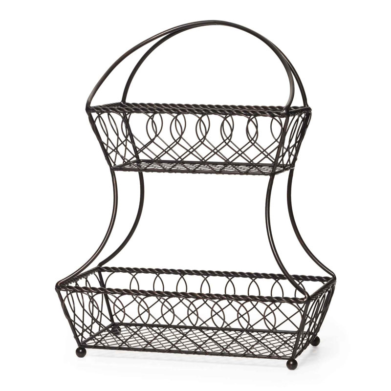 Antique Black 2-Tier Metal Fruit Basket with Lattice Design