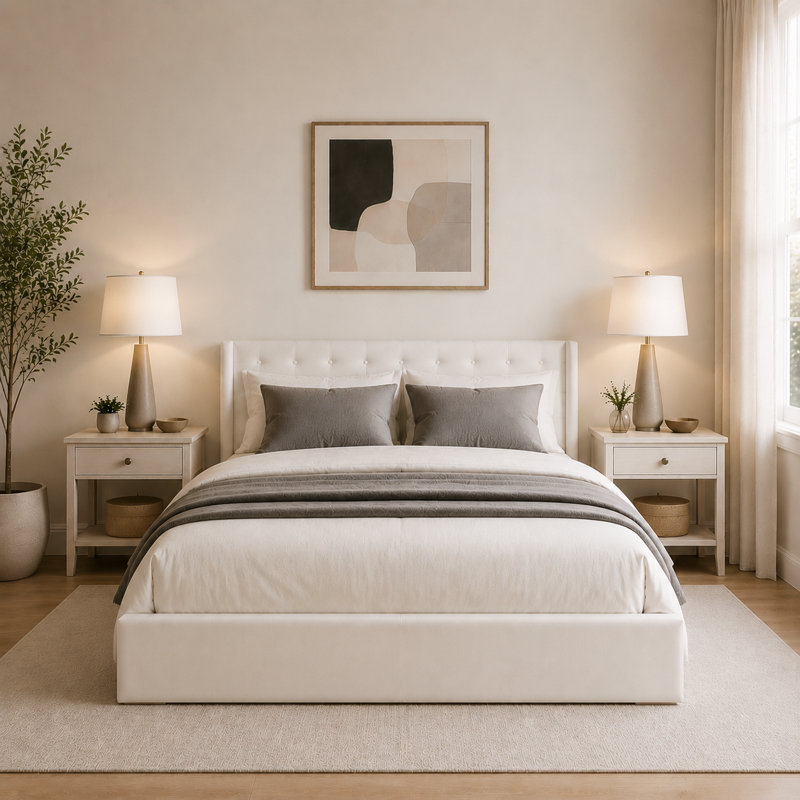 Raania Hydraulic Lift Up Storage  Upholstered Wingback Bed , Full, Cream