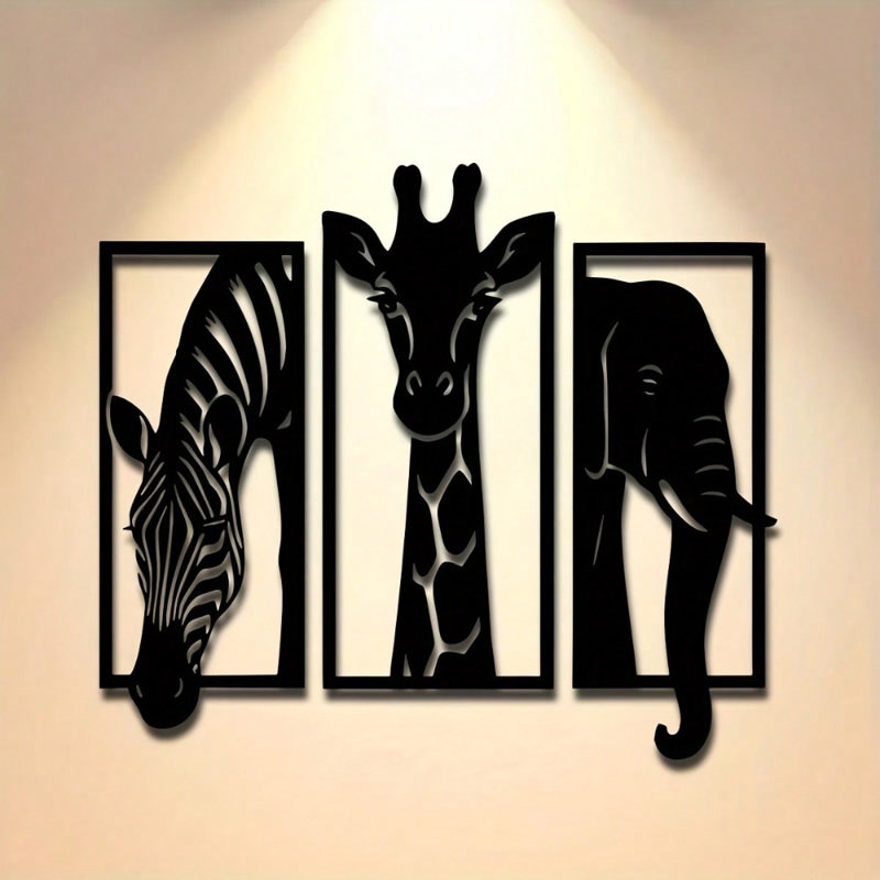 Ensemble d'art mural moderne en métal animal africain, peinture zébrée, girafe et éléphant 3 pièces pour le salon, la chambre à coucher et le bureau
