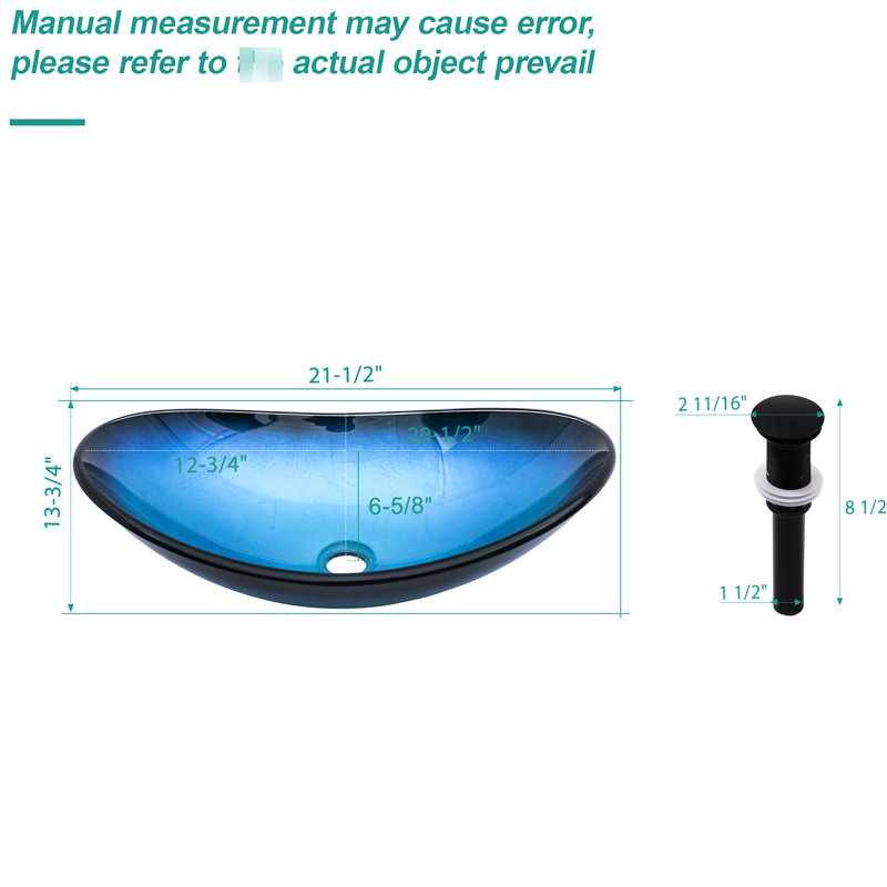 Lavabo vasque de salle de bain: verre trempé bleu, bonde escamotable, forme de bateau au-dessus du comptoir, pour un lavabo en verre mis à jour