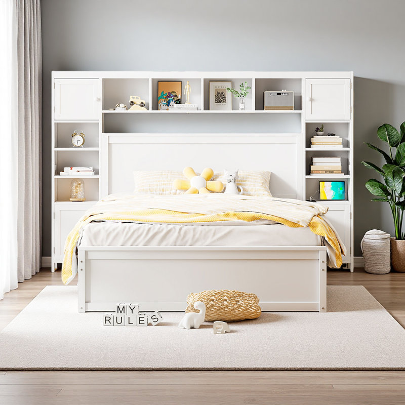 Grand lit en bois avec armoire tout-en-un, tablette et prises, lit gigogne simple TG, Grand lit, Blanc