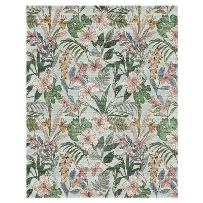 Rayna Thea Green Ivory Pink Orange Machine Washable Bold Floral Indoor Area Rug, Flat Pile & Slip-Resistant for Living Room & Bedroom - Green, 6x9