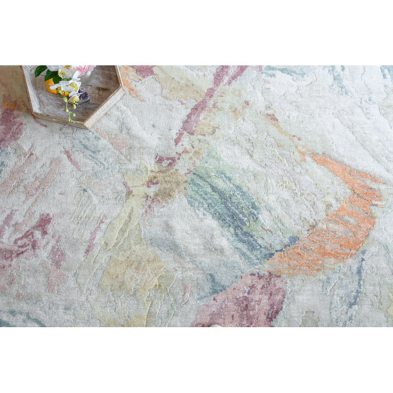 Floor Art Hand Knotted Abstract Area Rug in Silver/Blush/Blue/Orange, Rectangle 10' x 14'