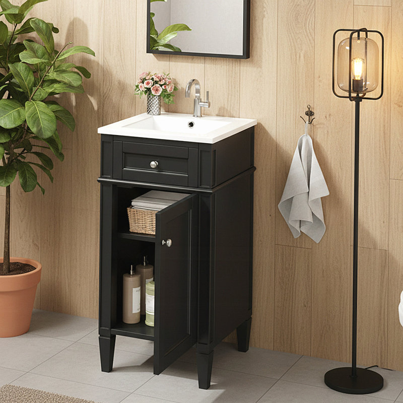 Ensemble de meuble-lavabo sur pied 16 po avec lavabo en céramique, ensemble de meuble-lavabo simple autoportant avec porte à fermeture douce, tablette réglable, style français, pieds pleins