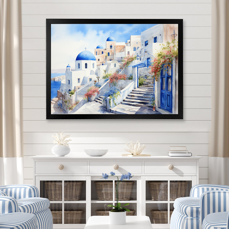 «Blue and White Santorini Village I», art mural Grèce, Cadre d'angle fermé noir,  H 16 po x l 32 po x P 1 po
