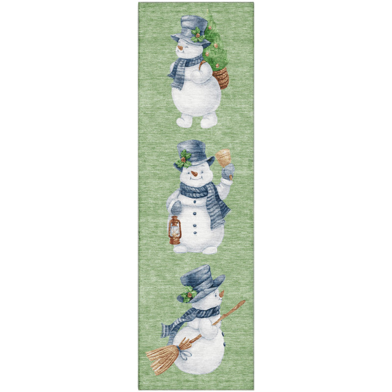 Premium Machine Washable Ingrassellino AMF1826 Happy Snowmen Holiday Rug, Runner 2'3" x 7'6"