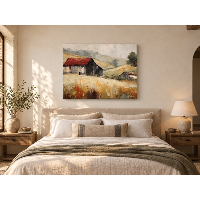 Tableau sur toile tendue représentant une grange au toit rouge dans des champs moissonnés, 30" H x 40" W x 1.5" D