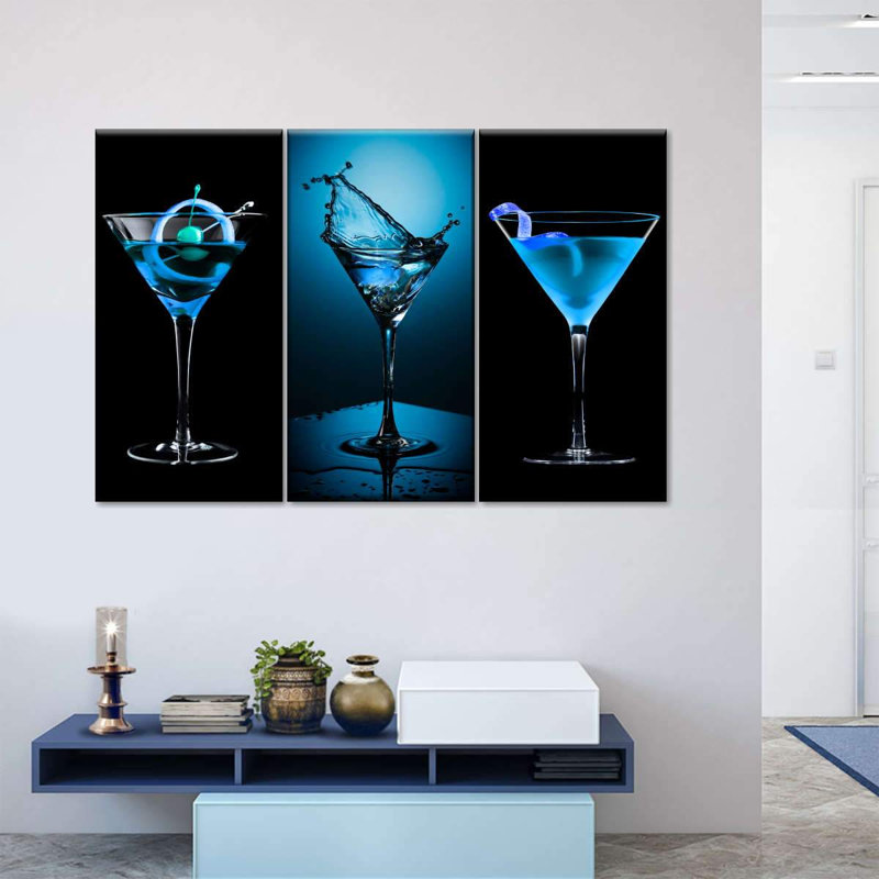 3 pièces d'art sur toile encadrée - Blue Bliss, décoration murale moderne pour salon et bar (prête à être suspendue)