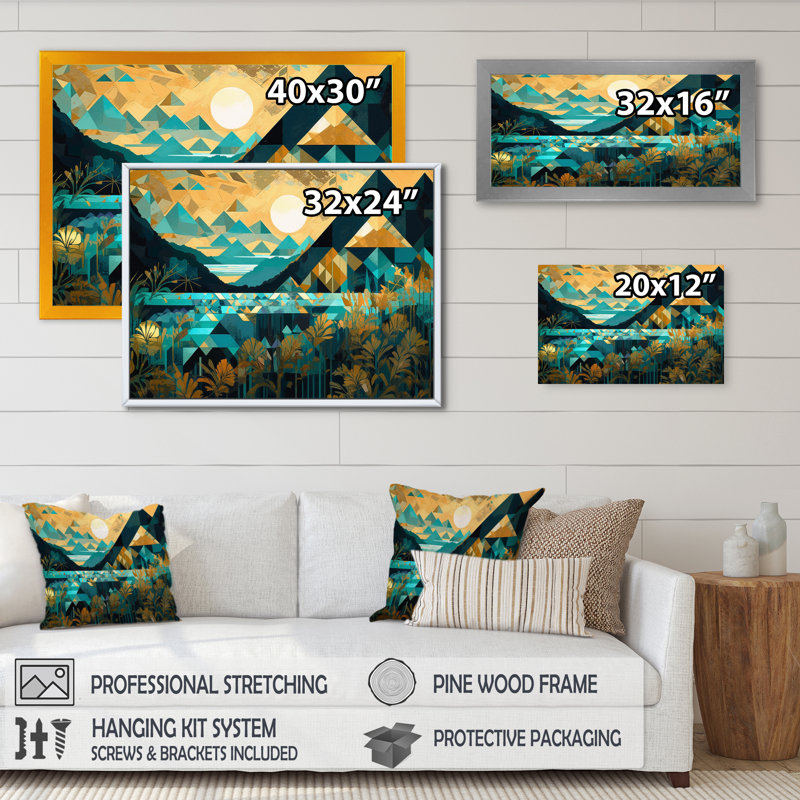 Bleu sarcelle et turquoise, paysages symétriques, reproduction sur toile, H 12 po x l 20 po x P 1 po, Cadre flottant noir