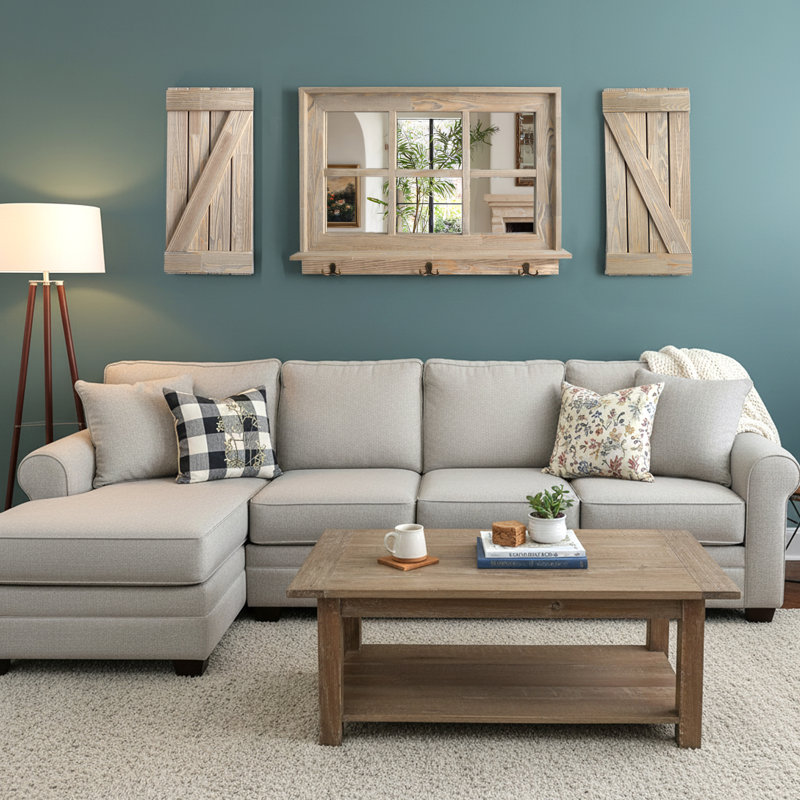 Farmhouse 6-Pane Window Mirror with Z-Style Shutters, Light Brown