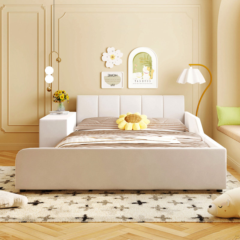Full Size Upholstered Grounded Bed, Mother & Child Bed With Bedside Desk And Little Round Stool, Full , Beige