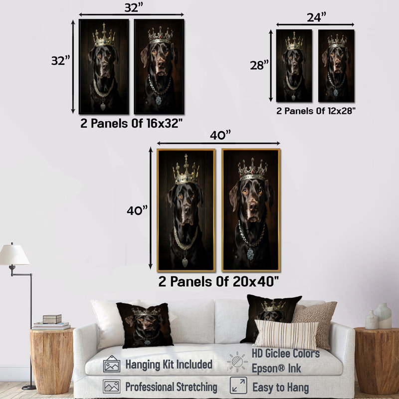 «Crowned Royal Labrador Dog I», ensemble de 2 décorations murales pour chien, H 28 po x l 25 po, Toile tendue