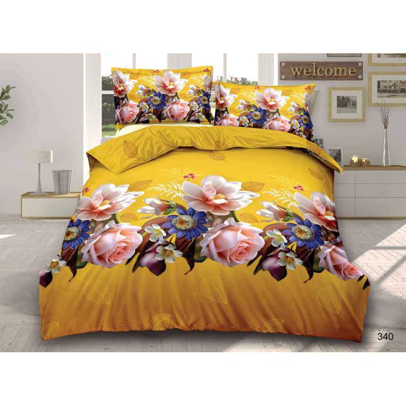 Chidester 3D Design Complete Bedding Set Floral Fitted Sheet Duvet Cover with Pillow Case., Double - 2 Standard Pillowcases