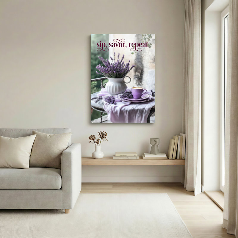 Lavande, bouquet de lavande et tasse de thé mauve, reproduction d'art sur toile tendue avec gorgée, texte de répétition pour la cuisine ou le salon
