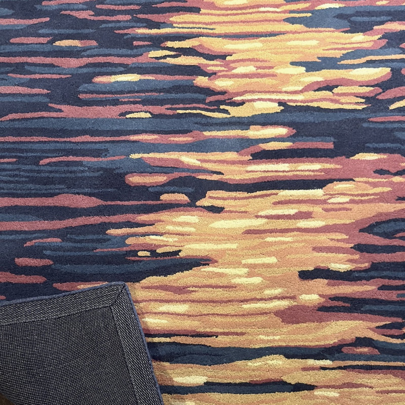 Tapis bleu horizon, orange et or en laine touffeté à la main Cloral Authentic, Rectangle 5 pi x 7 pi 6 po