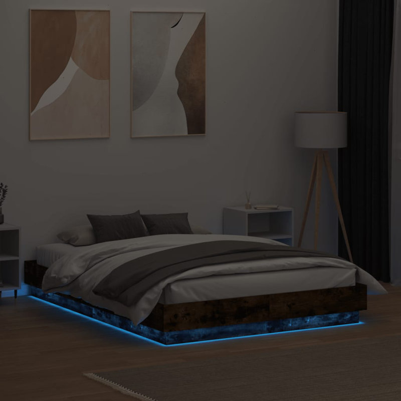 17 Stories Bed Frame With LED Lights , UK Single - 90 x 190 cm, Smoked Oak