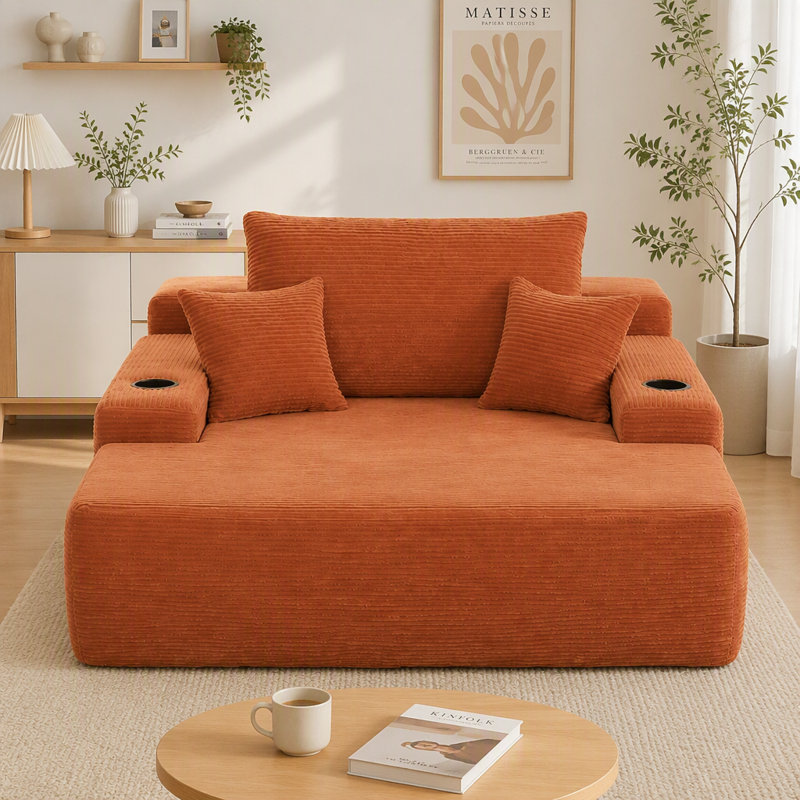 Chaise longue convertible en velours côtelé orange | Canapé-lit moelleux sans dossier avec grands accoudoirs | Porte-gobelet et coussins décoratifs inclus | Aucun assemblage requis pour le salon ou la chambre