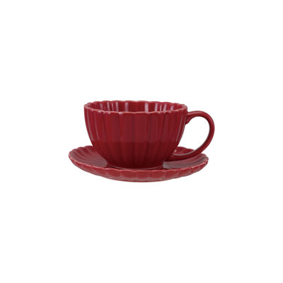 Ribbed Red Stoneware Mugs With Reactive Glaze And Saucers