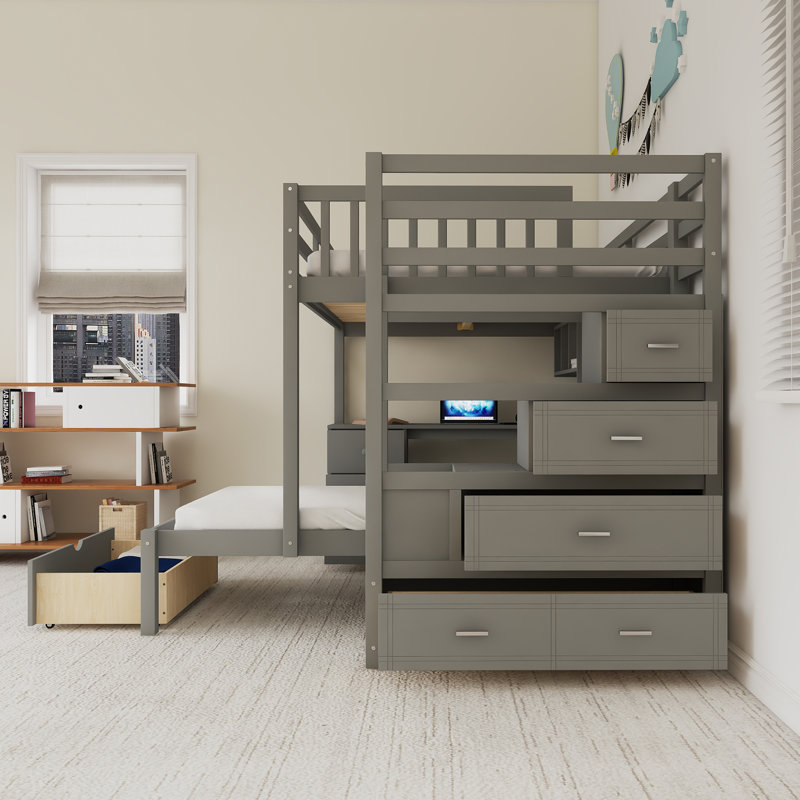 Solid Wood Full Over Twin Bunk Bed With Desk, Drawers And Shelves, Gray
