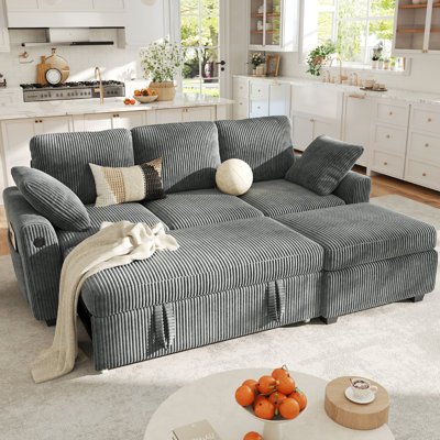 George 81" Upholstered Corduroy L Shape Modular Sectional Sleeper Sofa with Pull Out Bed and Storage Ottoman