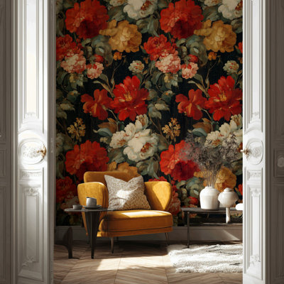 Papier peint floral rétro avec motif de coquelicots rouges, jardin foncé