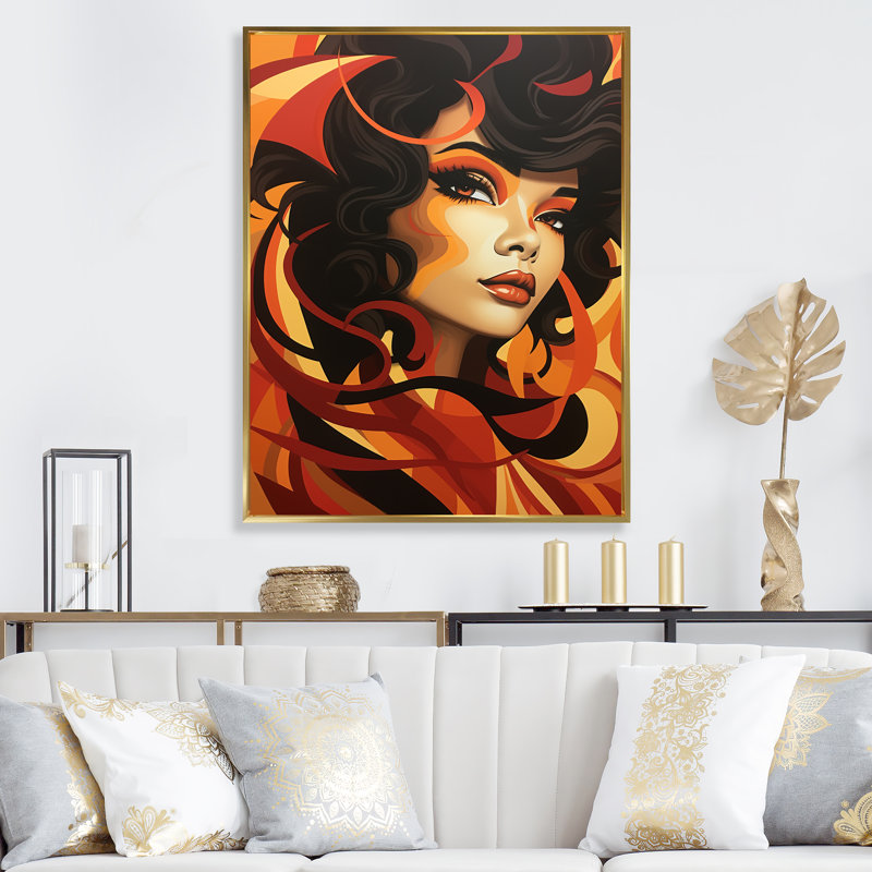 Orange et noire mode femme Diva - Art mural Pop Art, Cadre flottant doré, 32" H x 16" W